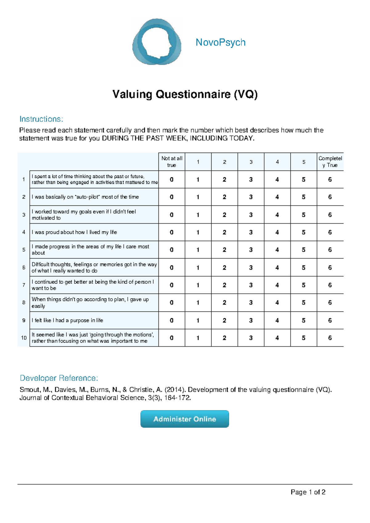 NovoPsych Valuing Questionnaire (VQ) Instructions and Scoring Guide ...