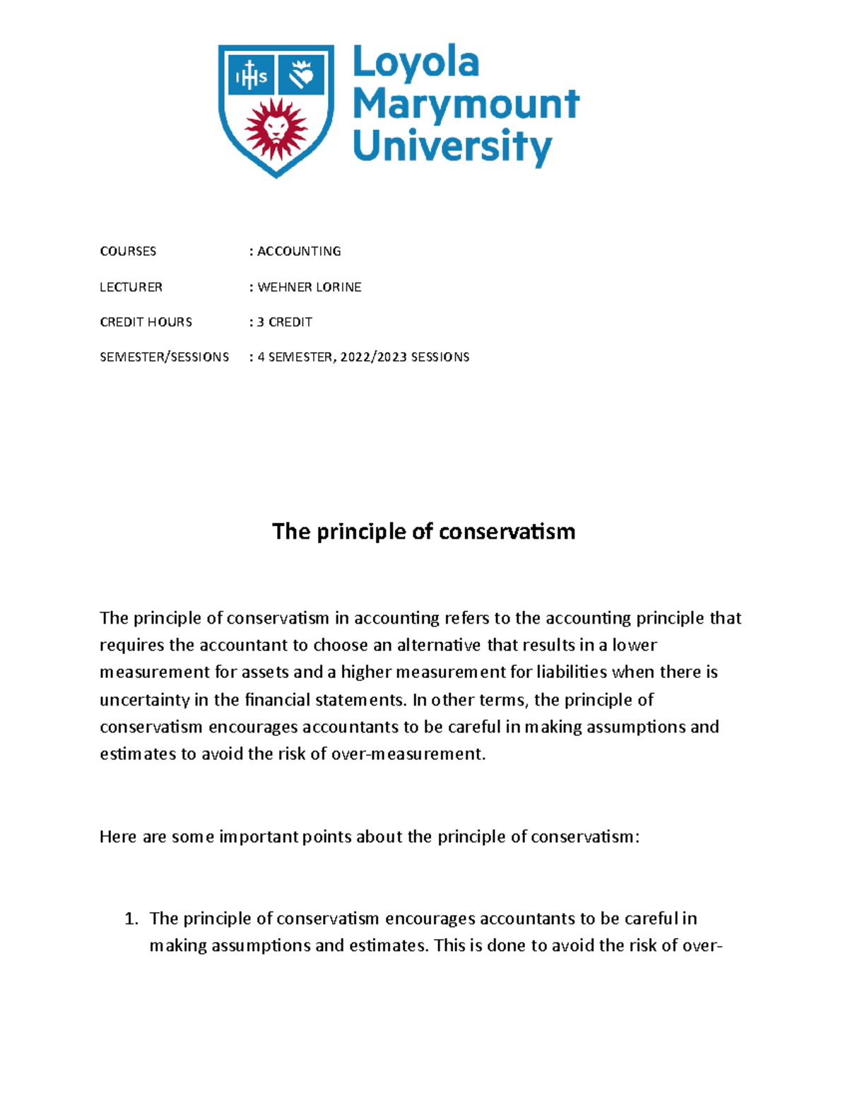 The Principle of Conservatism in Accounting (ACCT 2023) - Studocu