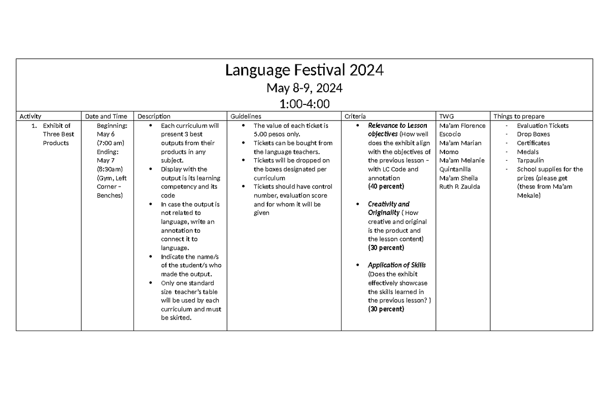 Language Festival 2024 Schedule and Activity Guidelines - Studocu