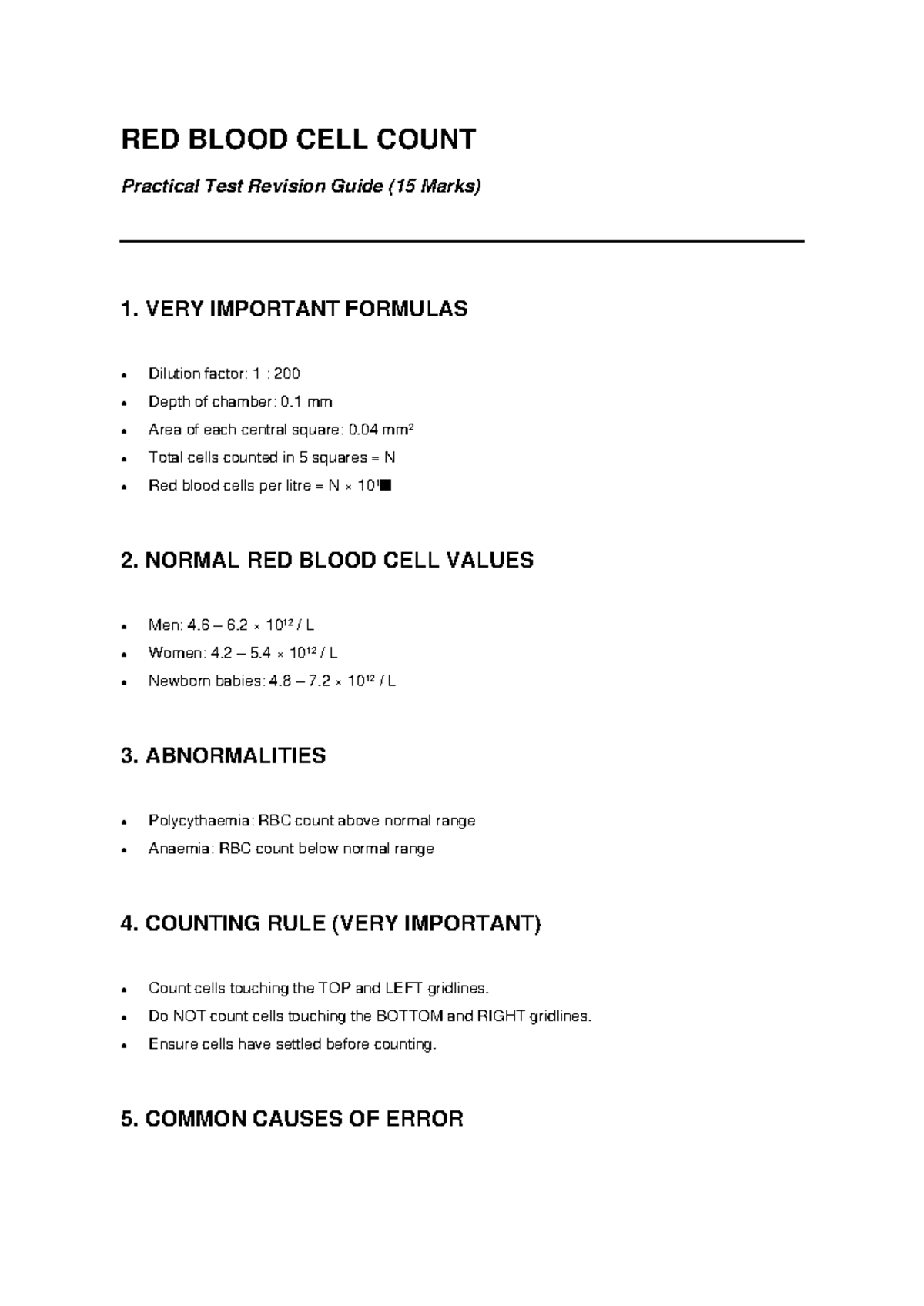 RBC COUNT Practical Test Revision Guide (15 Marks) - Studocu