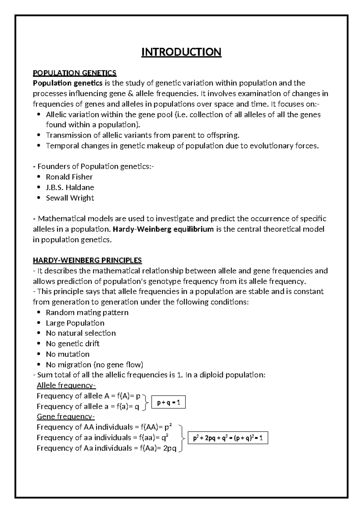 Introduction to population genetics - INTRODUCTION POPULATION GENETICS ...