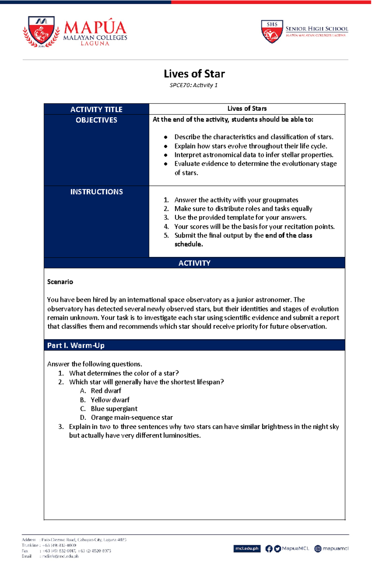 SPCE 70 Activity 1 - Lives of Stars: Characteristics & Evolution - Studocu