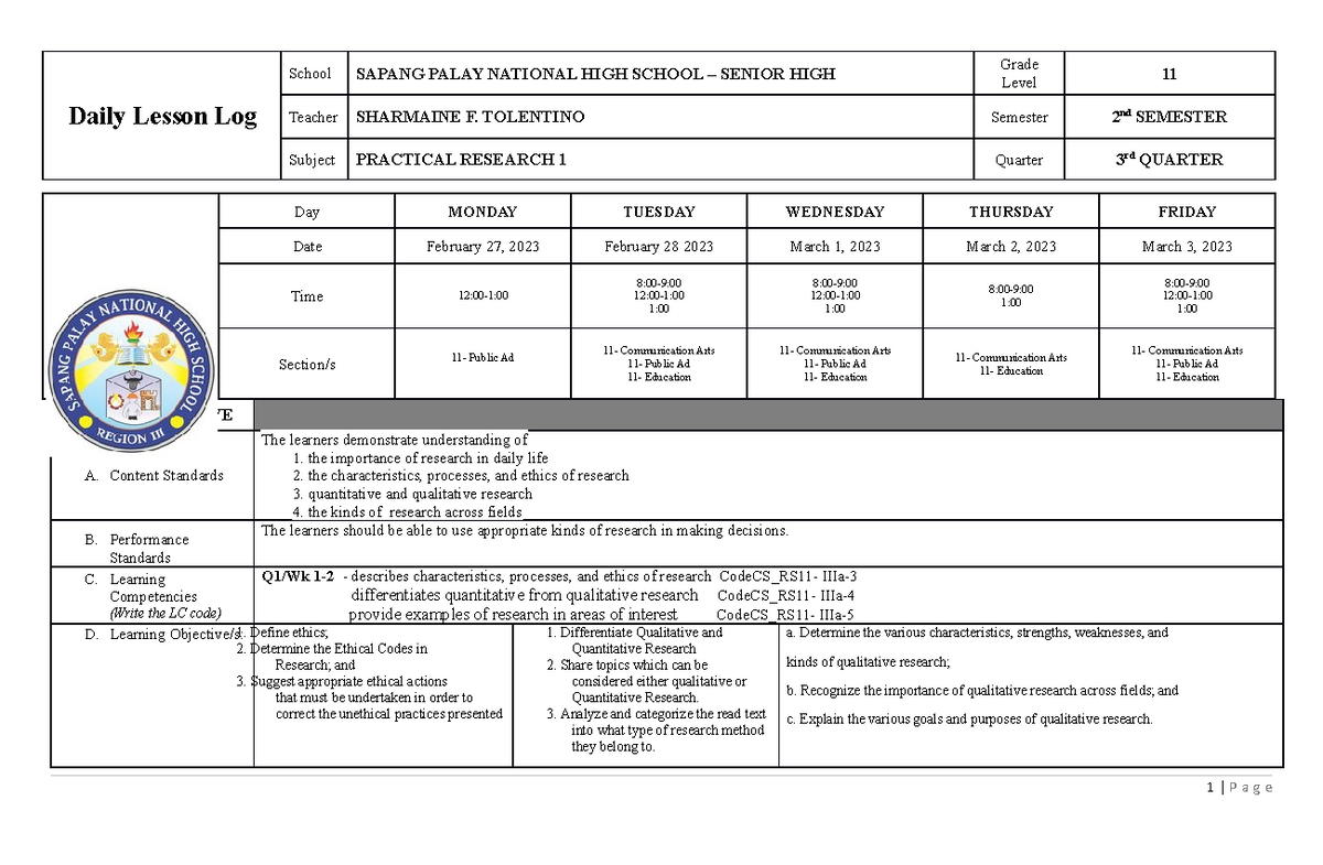 Weekly Lesson Log for Practical Research 1 (February 27 - March 3 ...