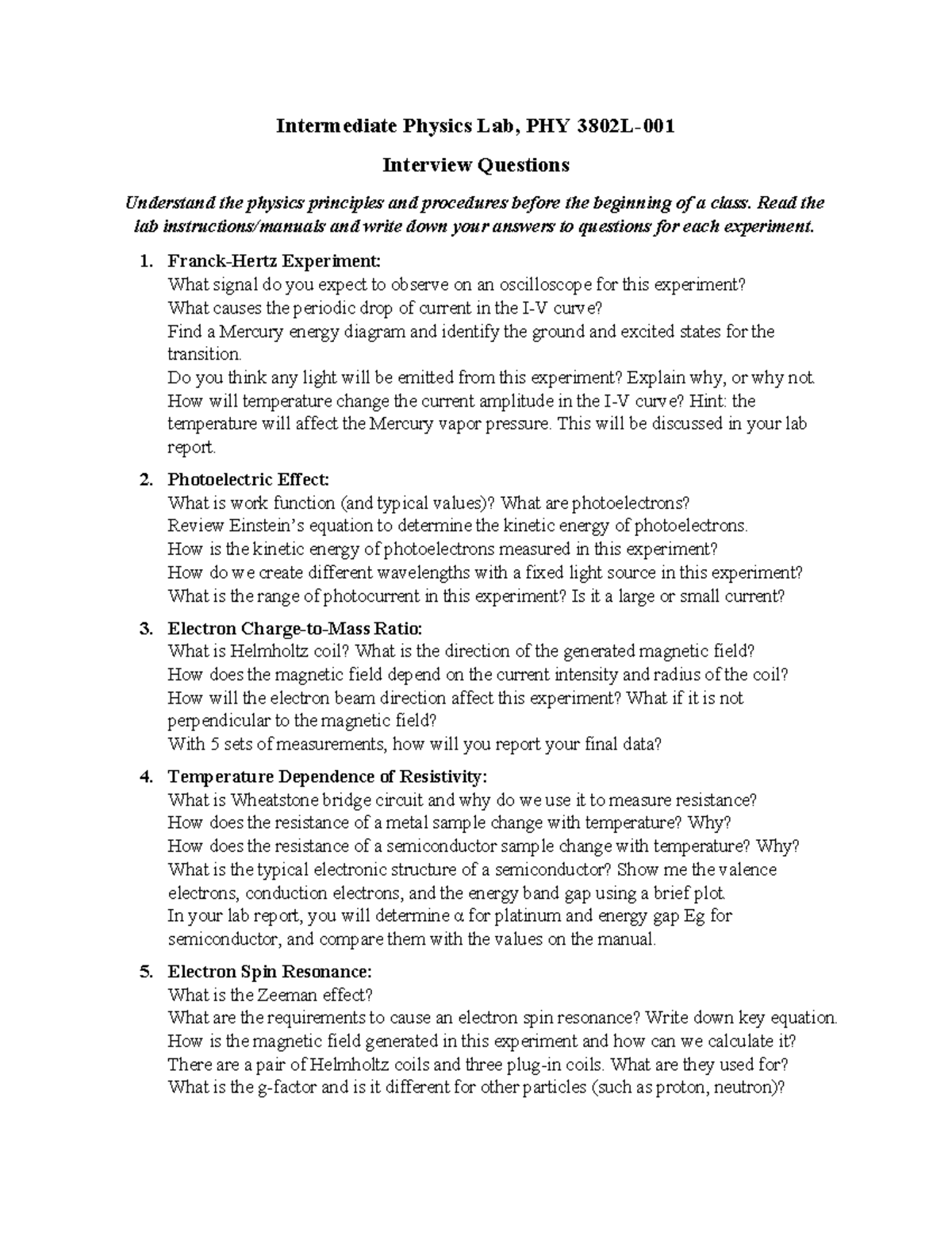 Interview Questions - Intermediate Physics Lab, PHY 3802L- Interview ...