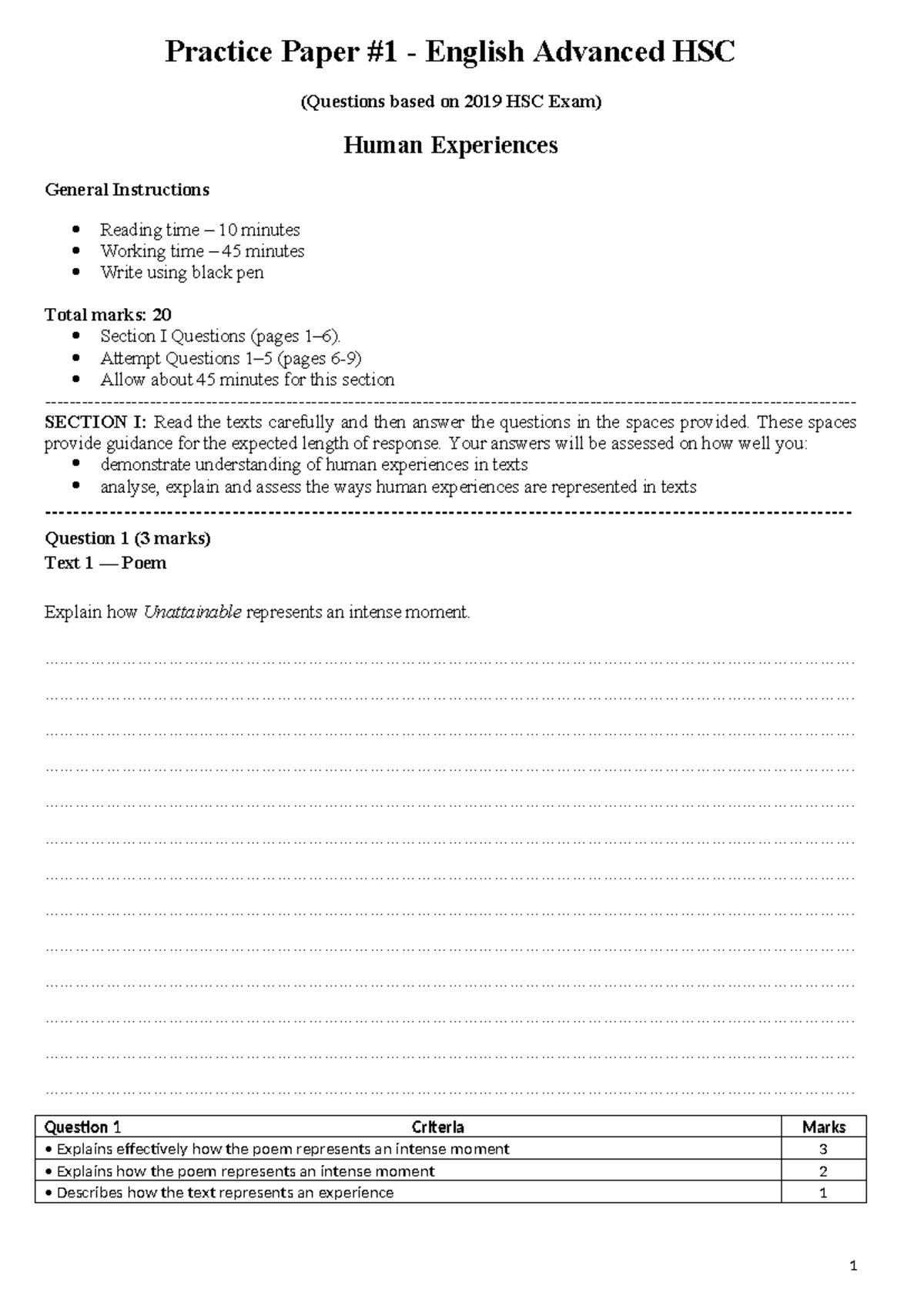 Practice Paper: English Advanced HSC - Human Experiences (2019 Exam ...
