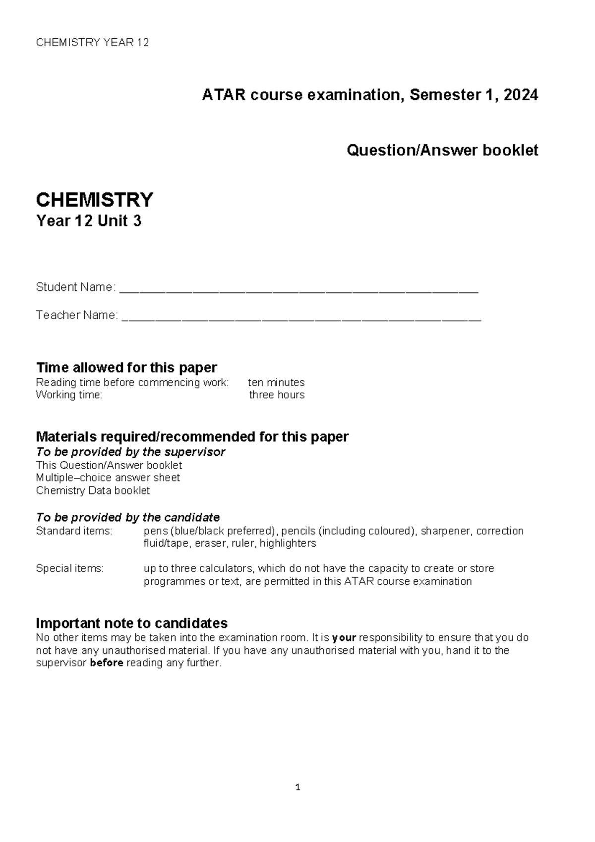 Chemistry Ed West Year 12 ATAR Exam Q&A Booklet, Semester 1 2024 - Studocu