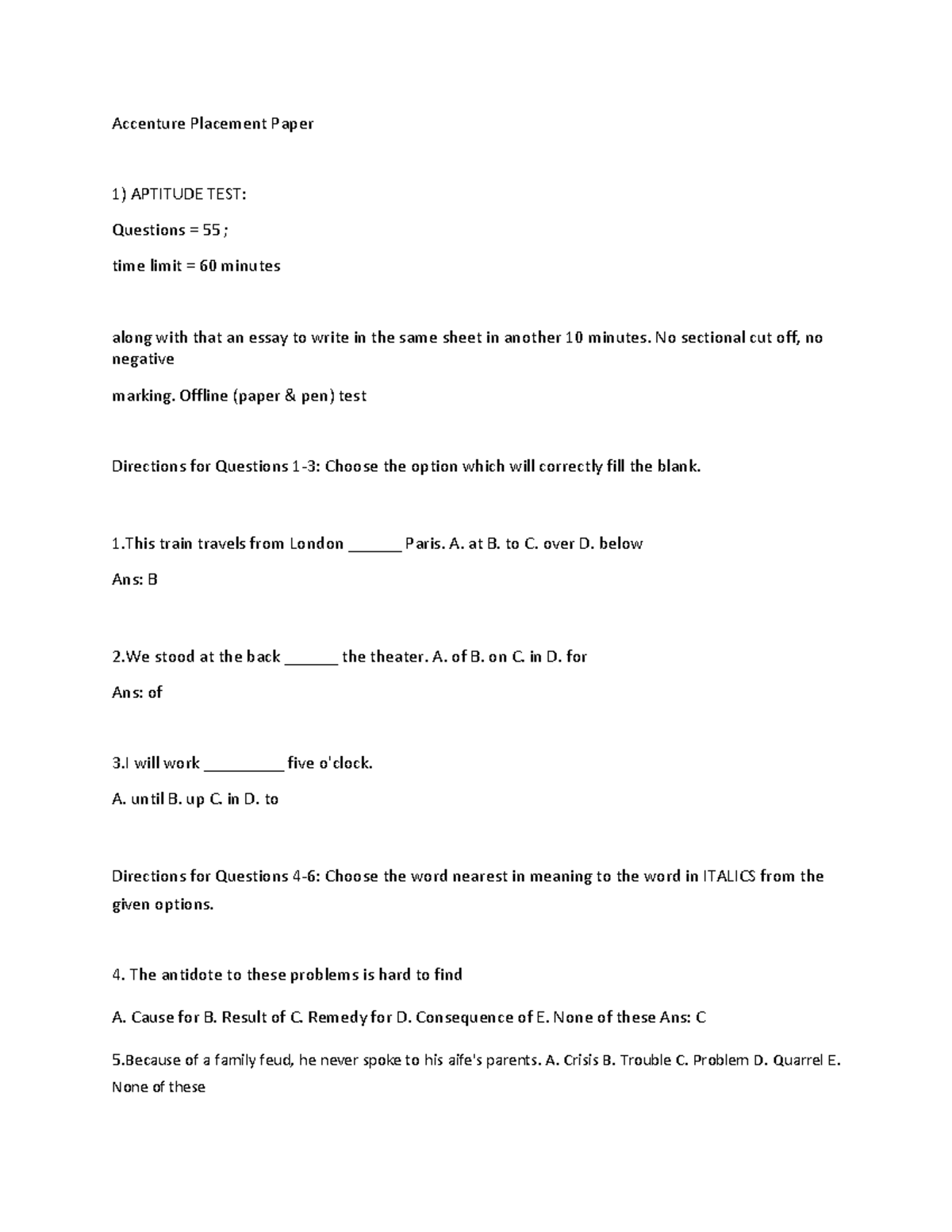 Accenture Placement Papers 3: Aptitude & Analytical Ability Focus - Studocu