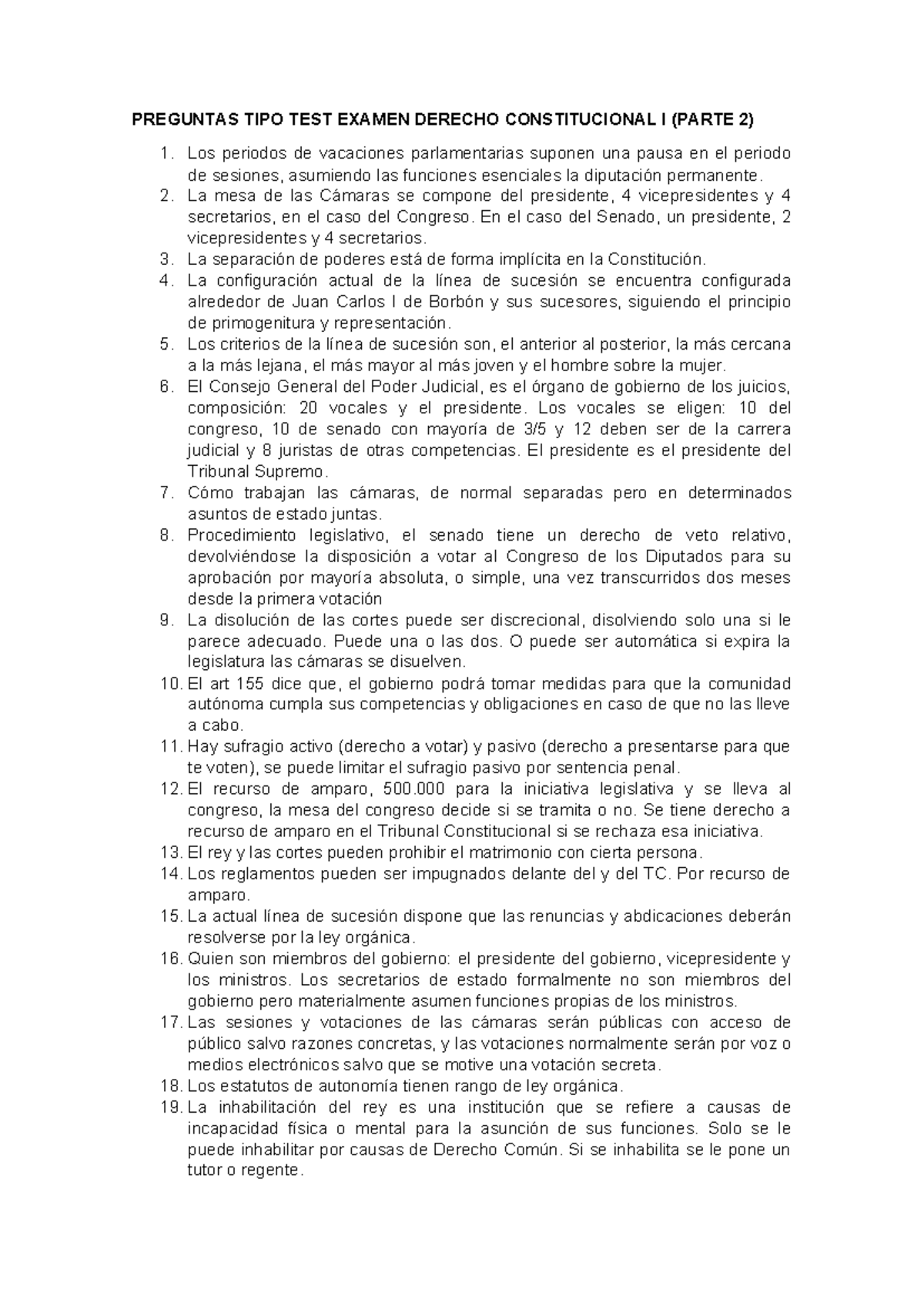Preguntas Tipo Test - Examen Derecho Constitucional I (Parte 2) - Studocu
