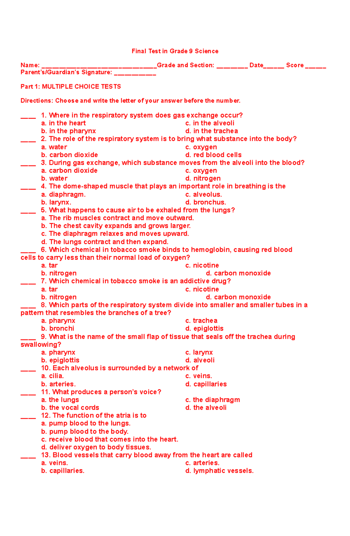 Grade 9 Science Final Exam Review and Sample Questions - Studocu