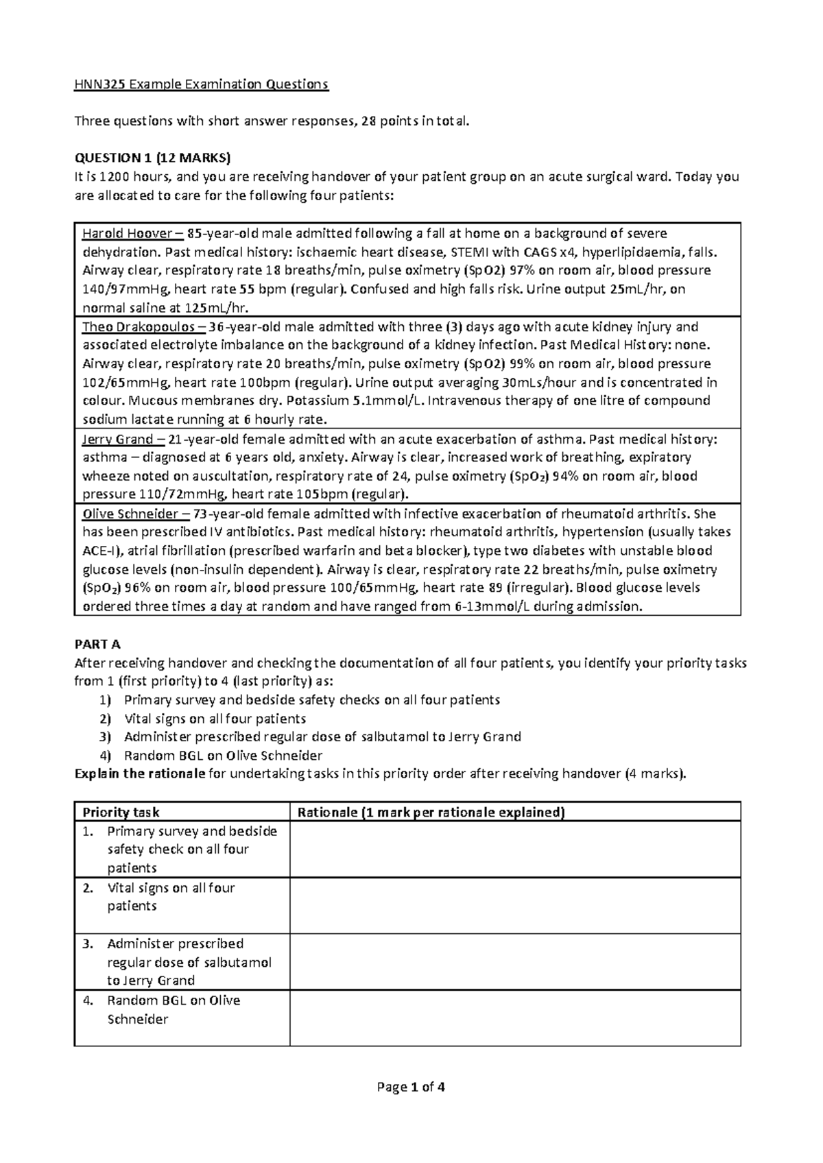 HNN325 Practice Exam: Example Questions & Patient Prioritization Tasks ...