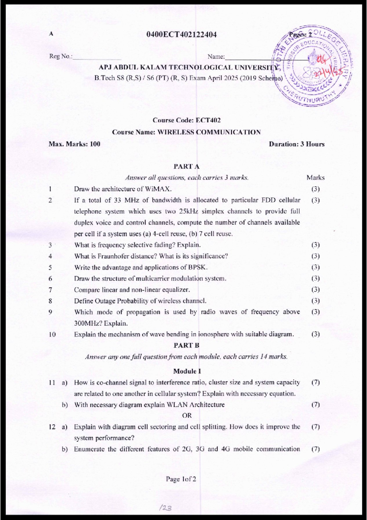 B.Tech S8 ECT402 Wireless Communication Exam Notes - April 2025 - Studocu