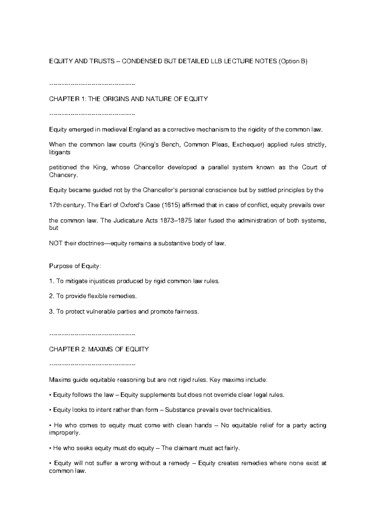 EQUITY AND TRUSTS LLB LECTURE NOTES (Option B): A Comprehensive ...
