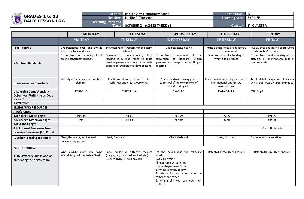 EN4DLL Grade IV Weekly Lesson Plan Q1 W6: English Learning Activities ...