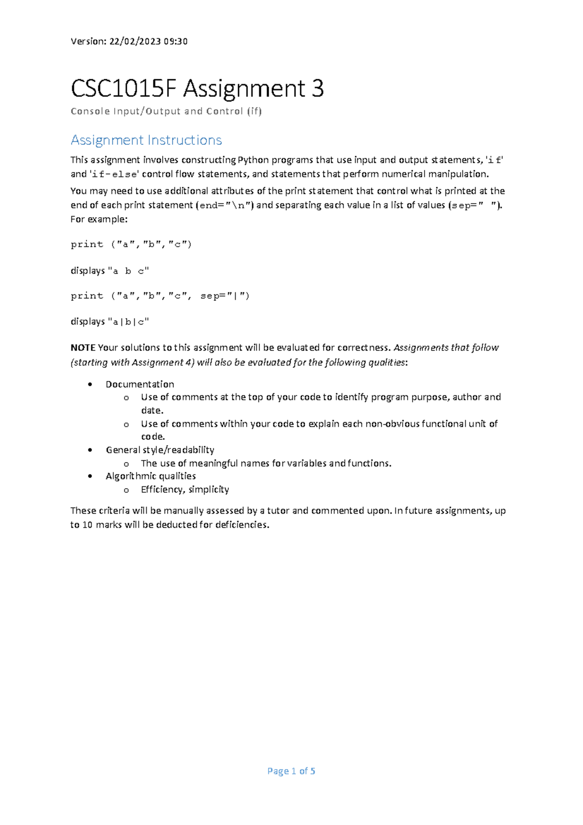 CSC1015F Assignment 3: Python Console I/O and Control (if) Techniques ...