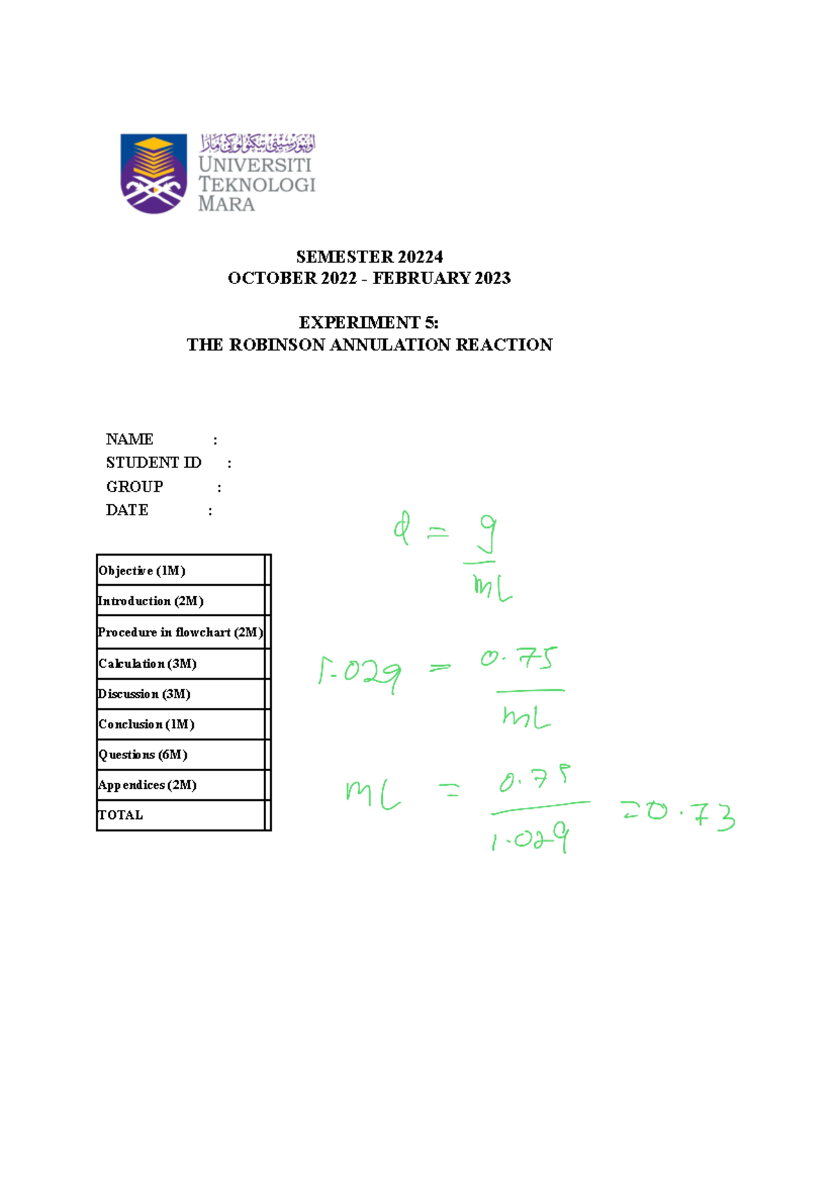 CHM557 Experiment 5: Robinson Annulation Reaction Report - Studocu