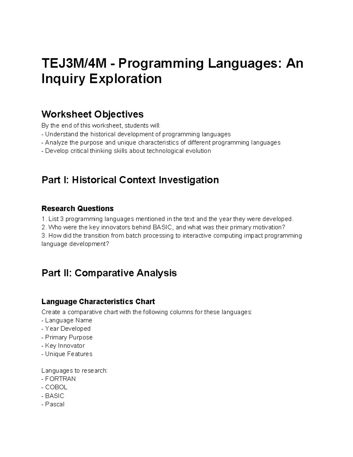 3.1 - Programming Languages - Inquiry Worksheet - TEJ3M/4M ...