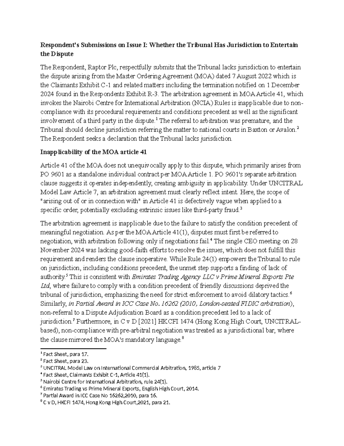 Arbitration Issue I: Jurisdiction Concerns in Raptor Plc Case - Studocu