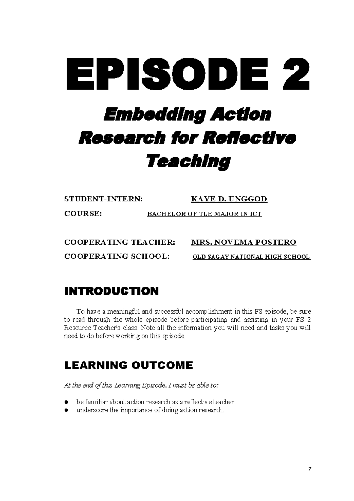 Field Study 2 Episode 2: Action Research for Reflective Teaching - Studocu