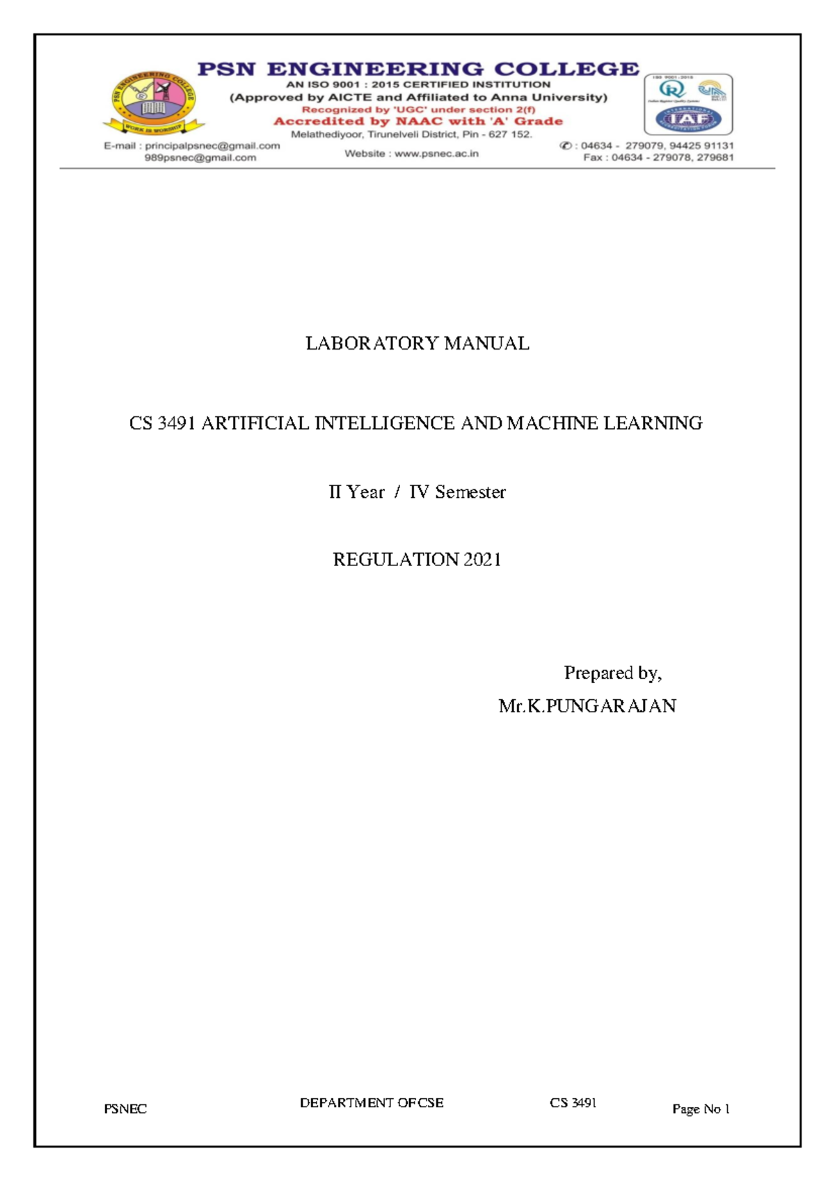 AI Lab - CS 3491 Laboratory Manual for Machine Learning II - Studocu