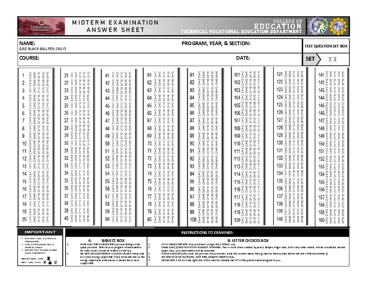 MIDTERM EXAM ANSWER SHEET - TECHNICAL VOCATIONAL EDUCATION - Studocu