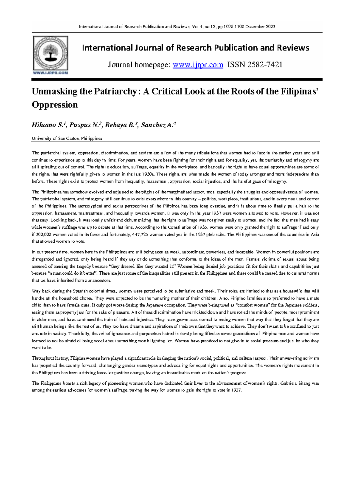 IJRPR 2023: Unmasking the Patriarchy in the Philippines - Studocu
