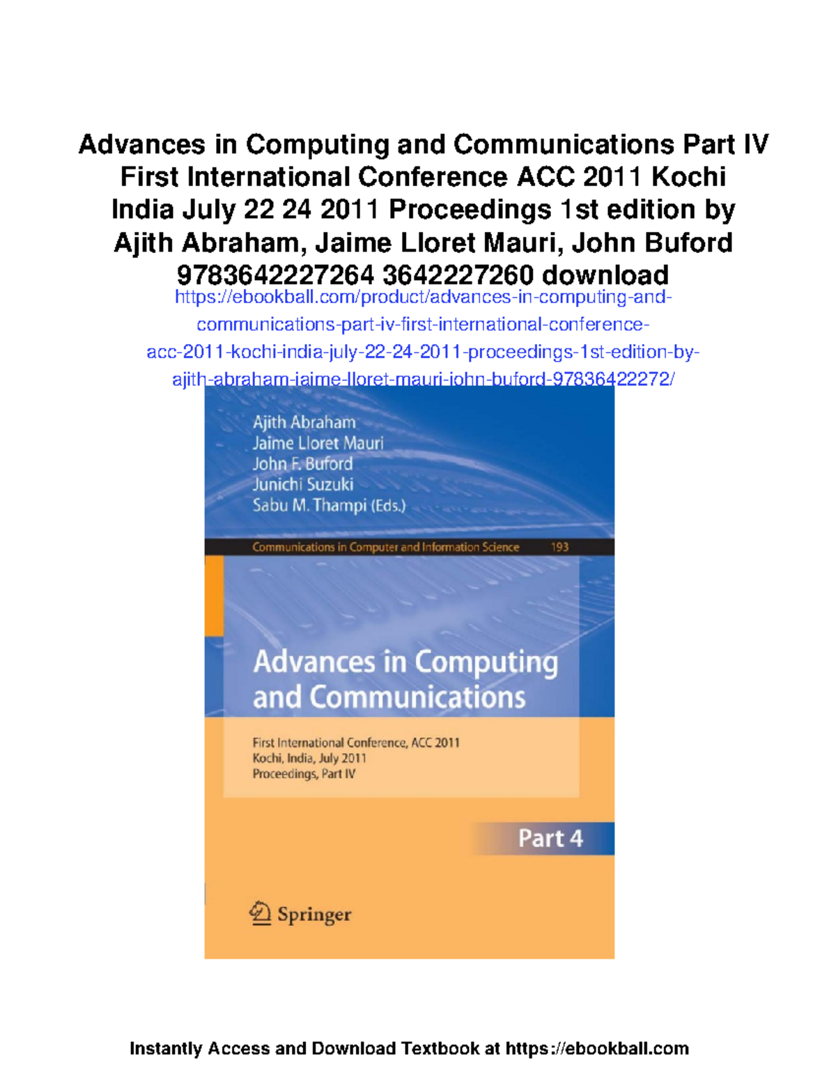 Advances in Computing and Communications, ACC 2011, Part IV Proceedings ...