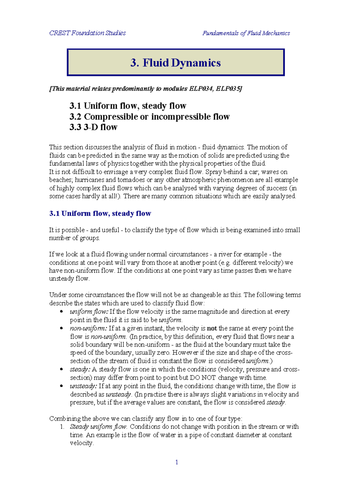 Fluid Mechanics Elp034 Elp035 Lecture Notes On Fluid Dynamics Studocu