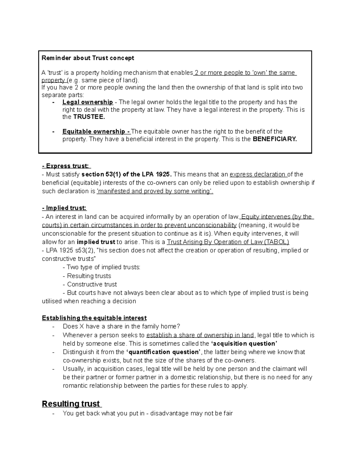 Implied Trusts in the Family Home: Concepts and Legal Principles - Studocu