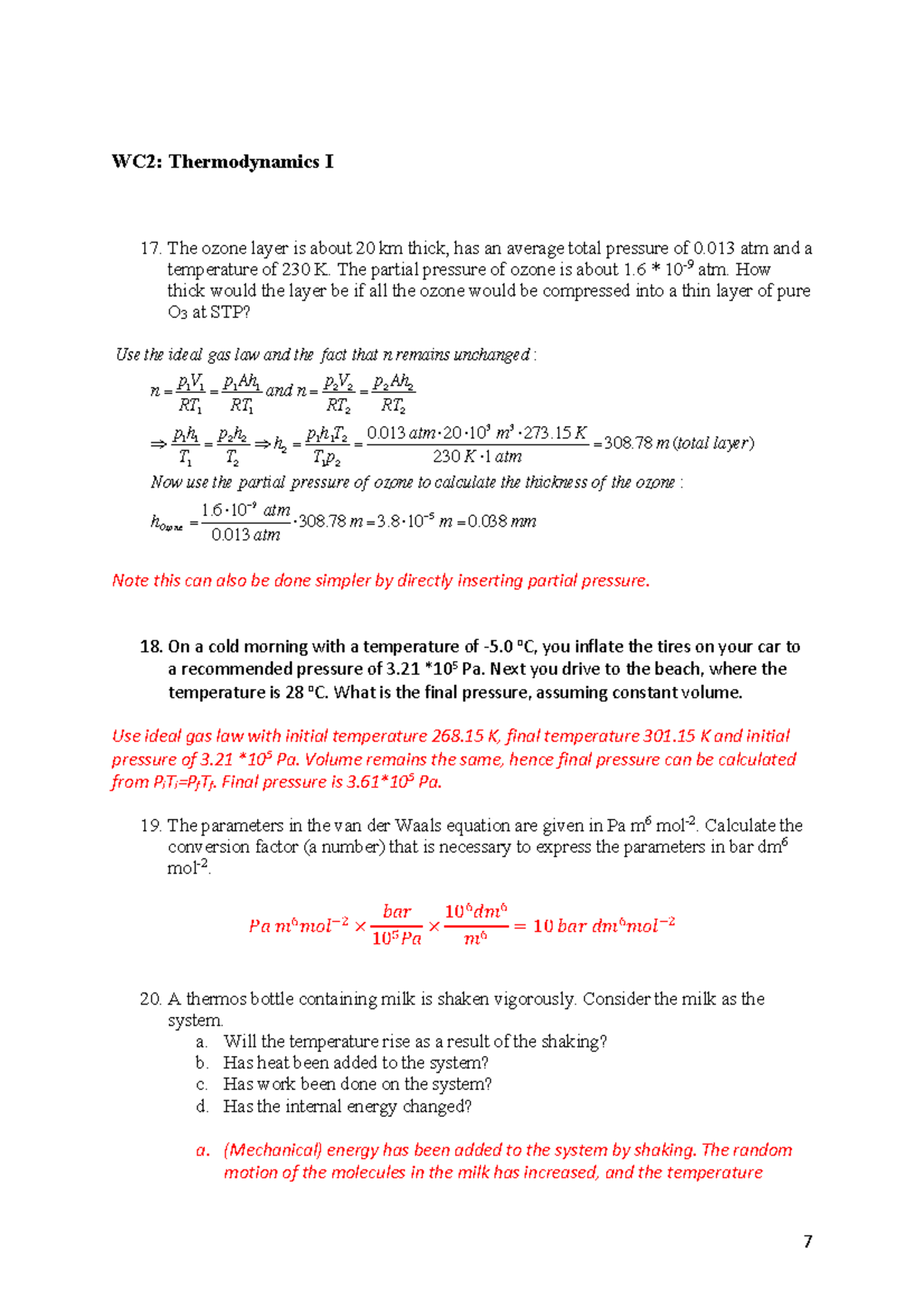 WC2: Thermodynamics I - Answers and Solutions to Work Colleges - Studeersnel