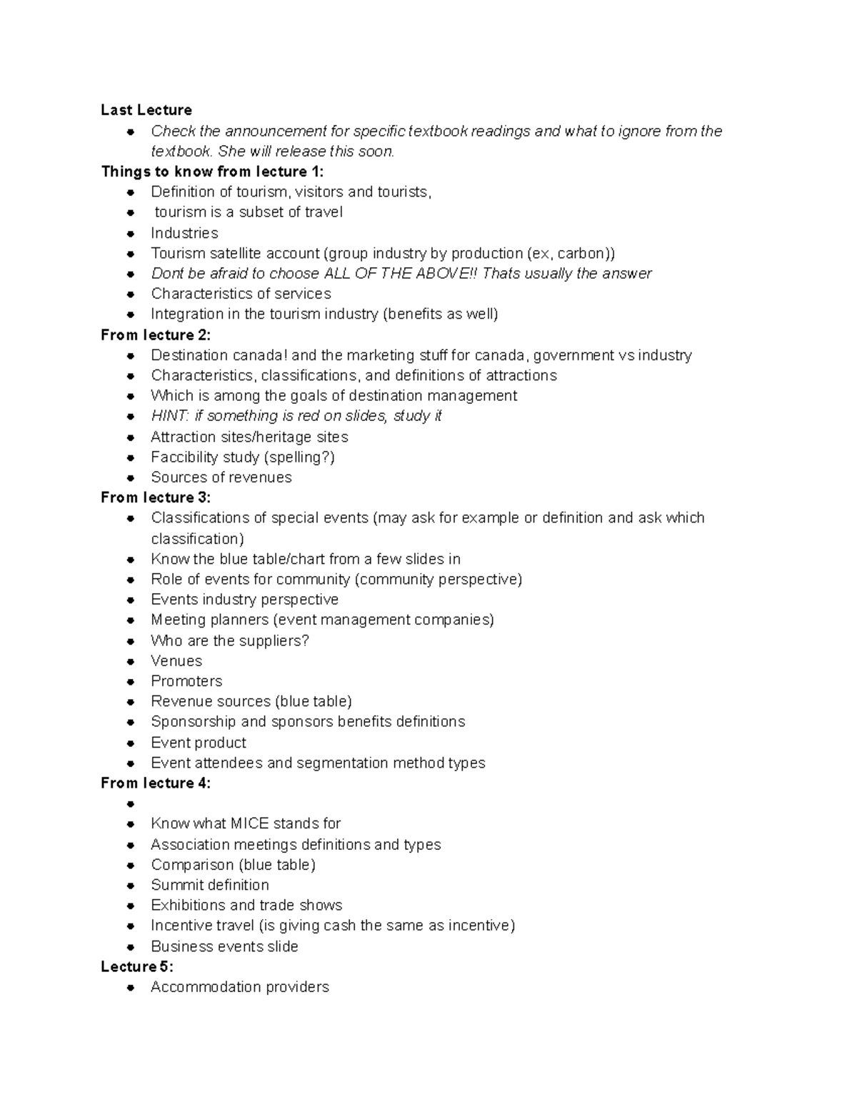 TOUR 1P92 Final Exam Study Guide: Key Concepts from Lectures - Studocu