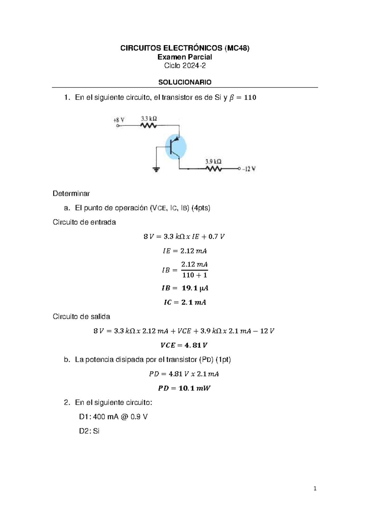 CIRCUITOS ELECTRÓNICOS (MC48) Solucionario Examen Parcial 2024 - Studocu