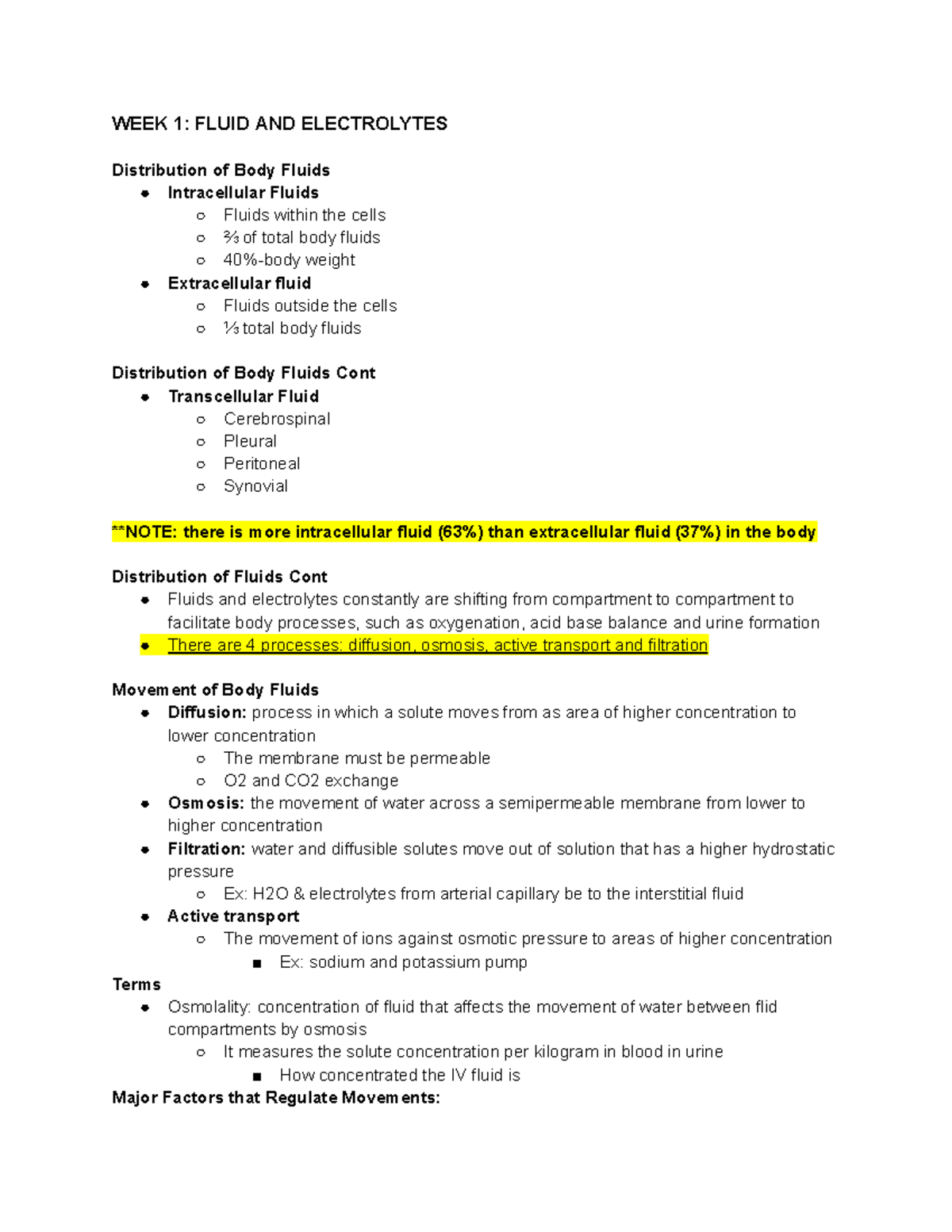 MED SURG- EXAM 1 - med surg 2990 exam 1 notes - WEEK 1: FLUID AND ...