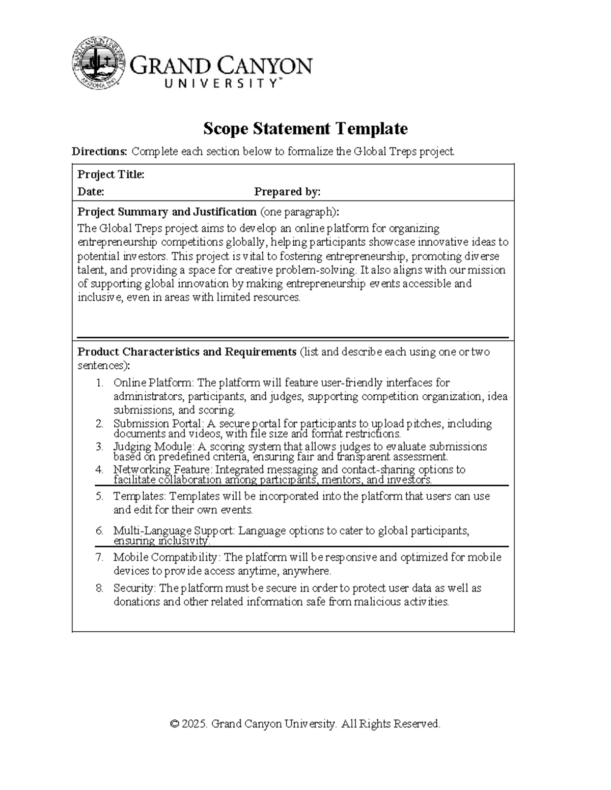 Global Treps Project Initiation: Scope Statement Template - Studocu