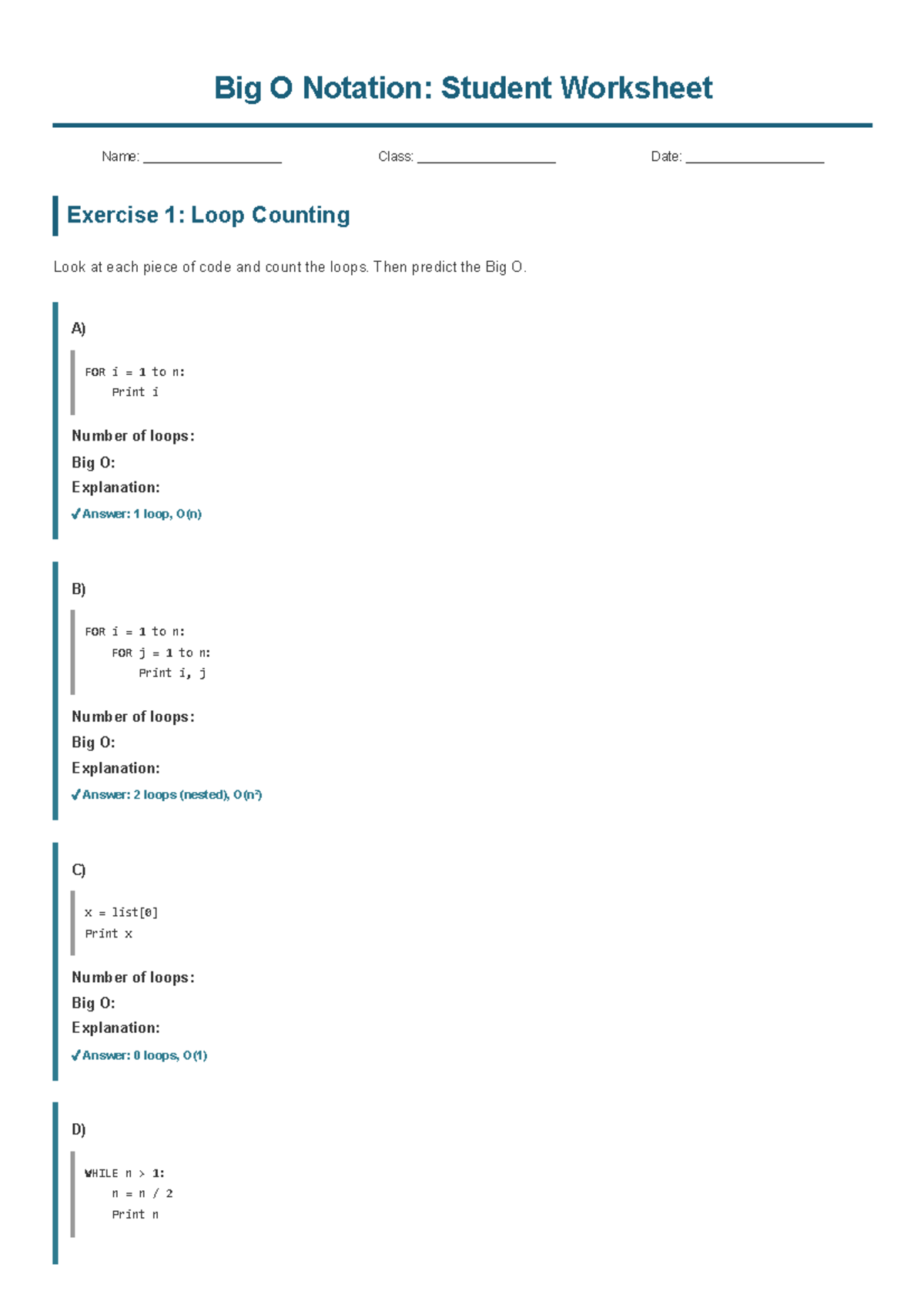 Big O Notation: Student Worksheet (CS101) - Studocu