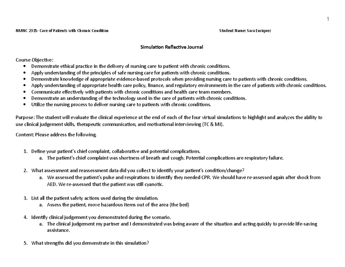 NMNC 2335 Simulation Reflection on Patient Care Experiences - Studocu