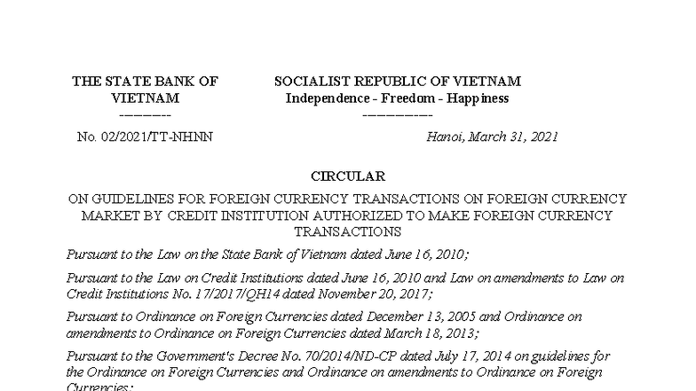 Circular 02/2021/TT-NHNN: Guidelines for Foreign Currency Transactions ...