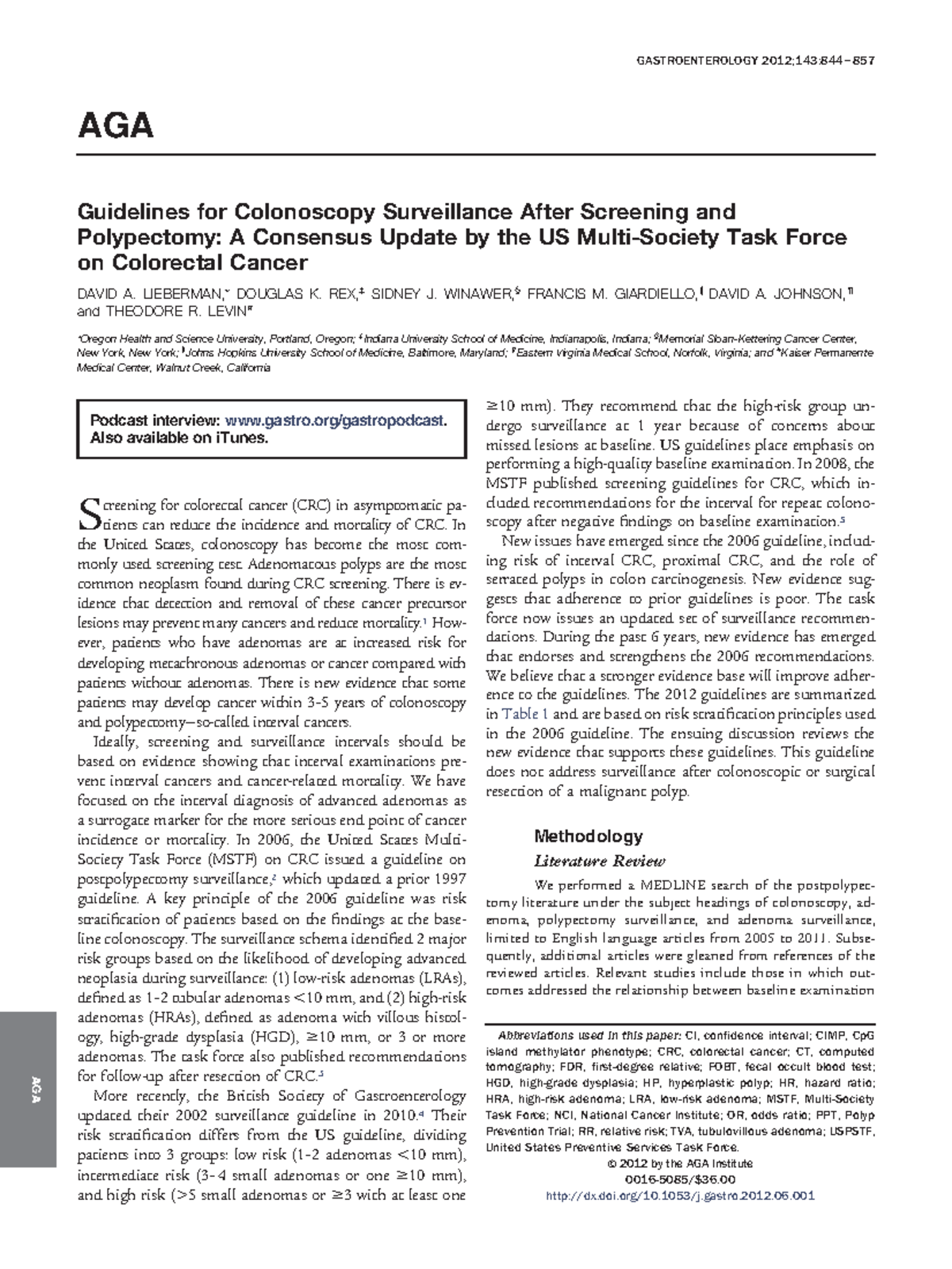 Lieberman et al. 2012 Guidelines for Colonoscopy Surveillance After ...