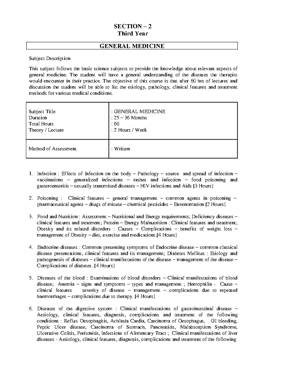 3rd Year General Medicine Syllabus Overview - Studocu