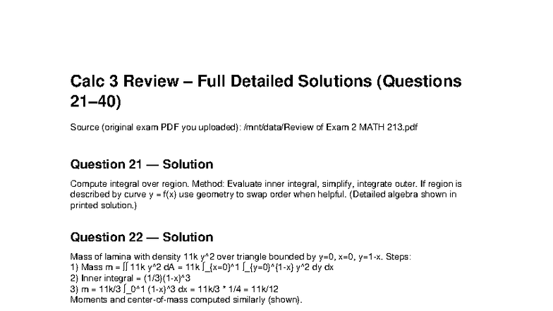 MATH 213 Calc 3 Exam 2 Review: Detailed Solutions & Methods - Studocu