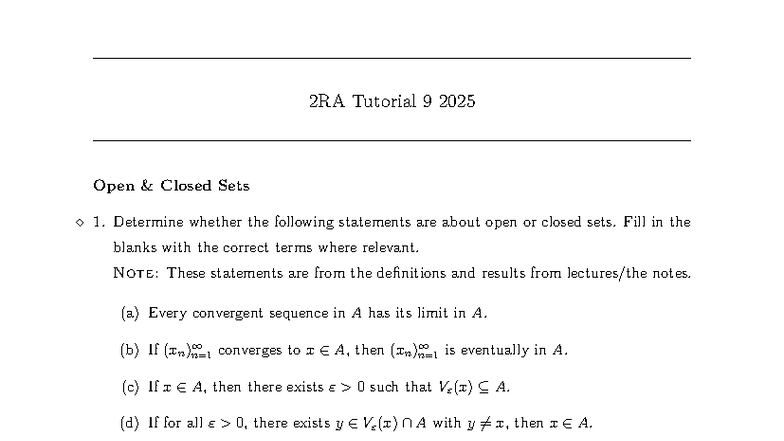2RA Tutorial 9: Open and Closed Sets Analysis - Studocu