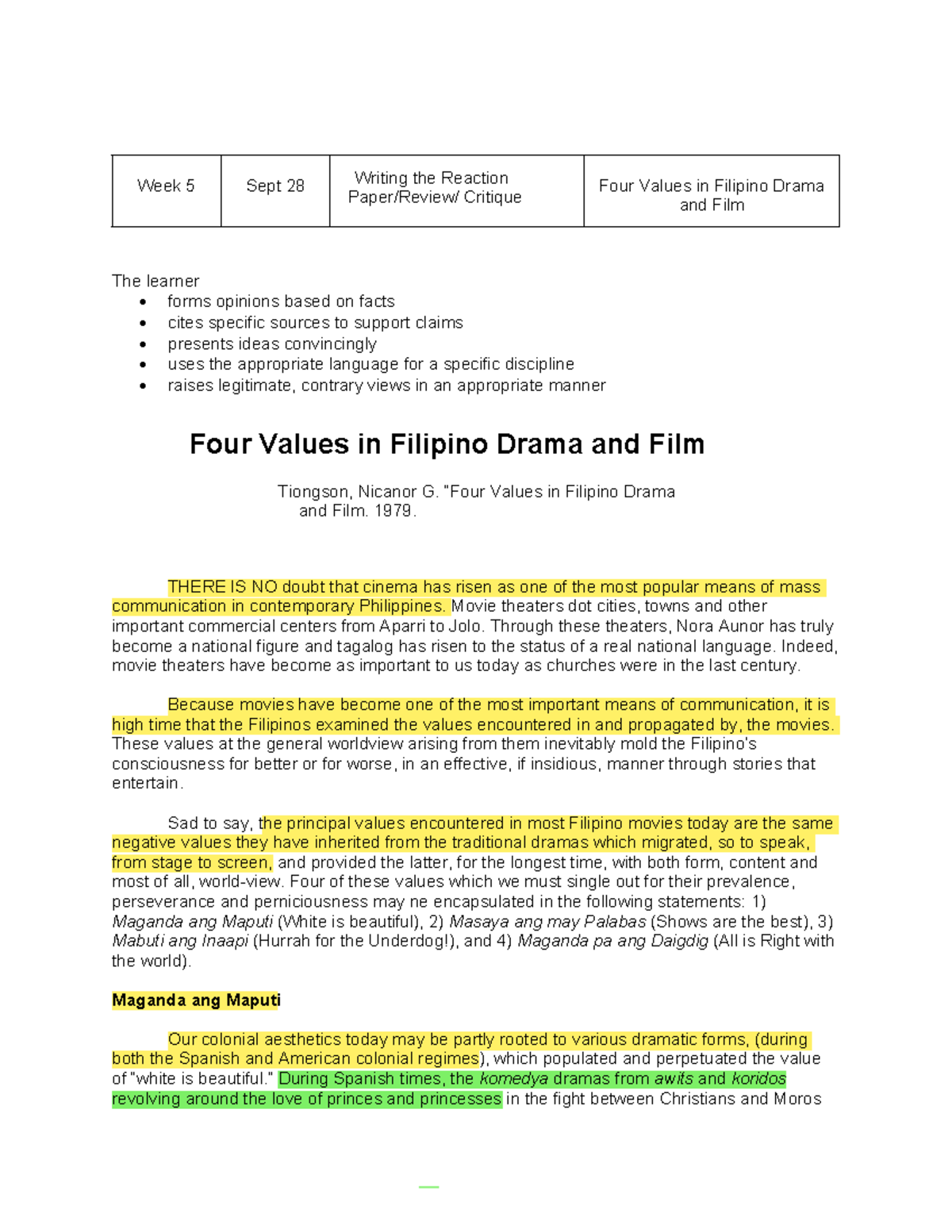 4 Core Values in Filipino Drama and Film - Nicanor Tiongson Analysis ...