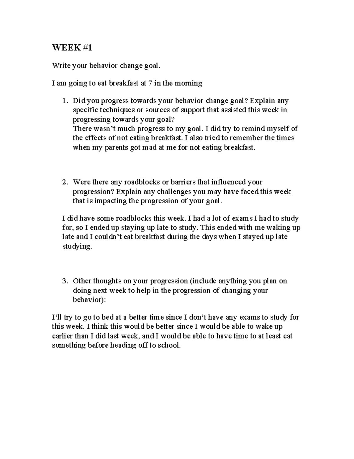 Behavior Change Journal Week 1 for PE 144(1) (1) (2) - WEEK Write your ...