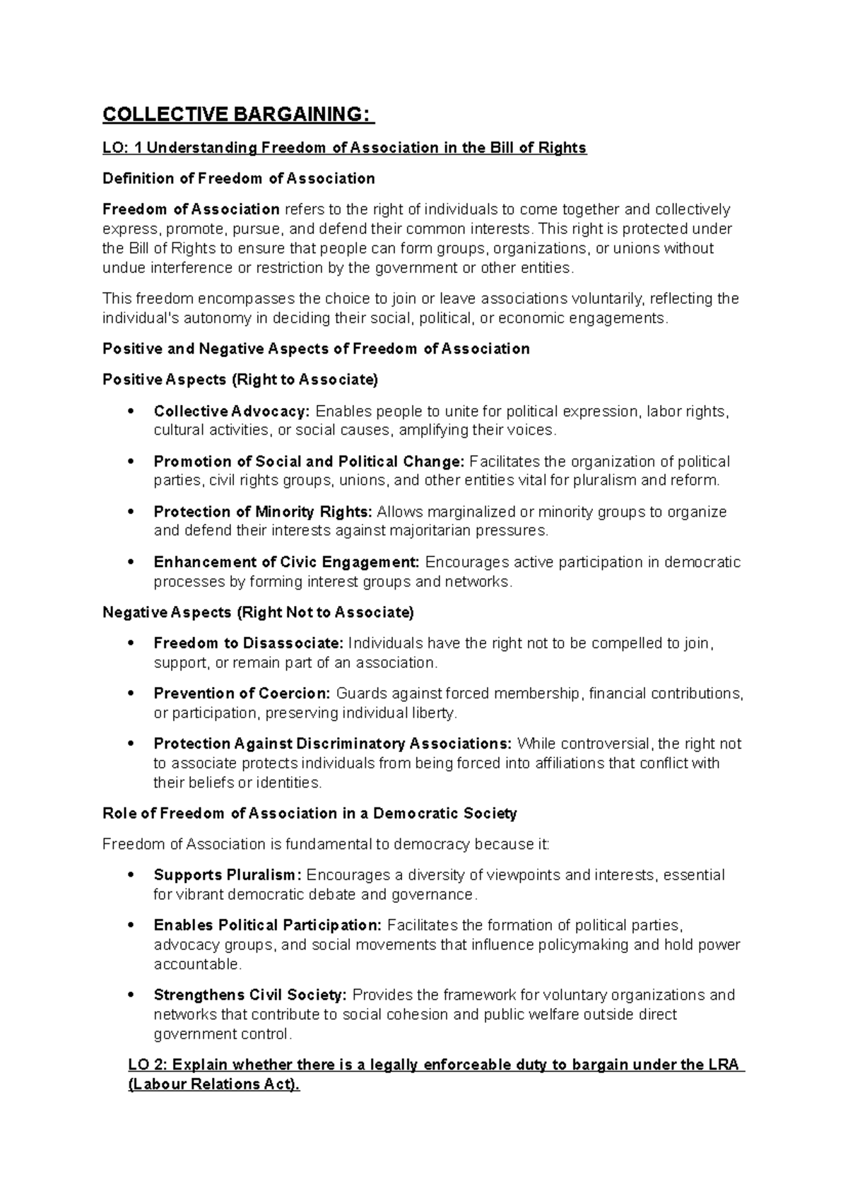 Labour Law LU 7 - Study Notes on Collective Bargaining and Rights - Studocu