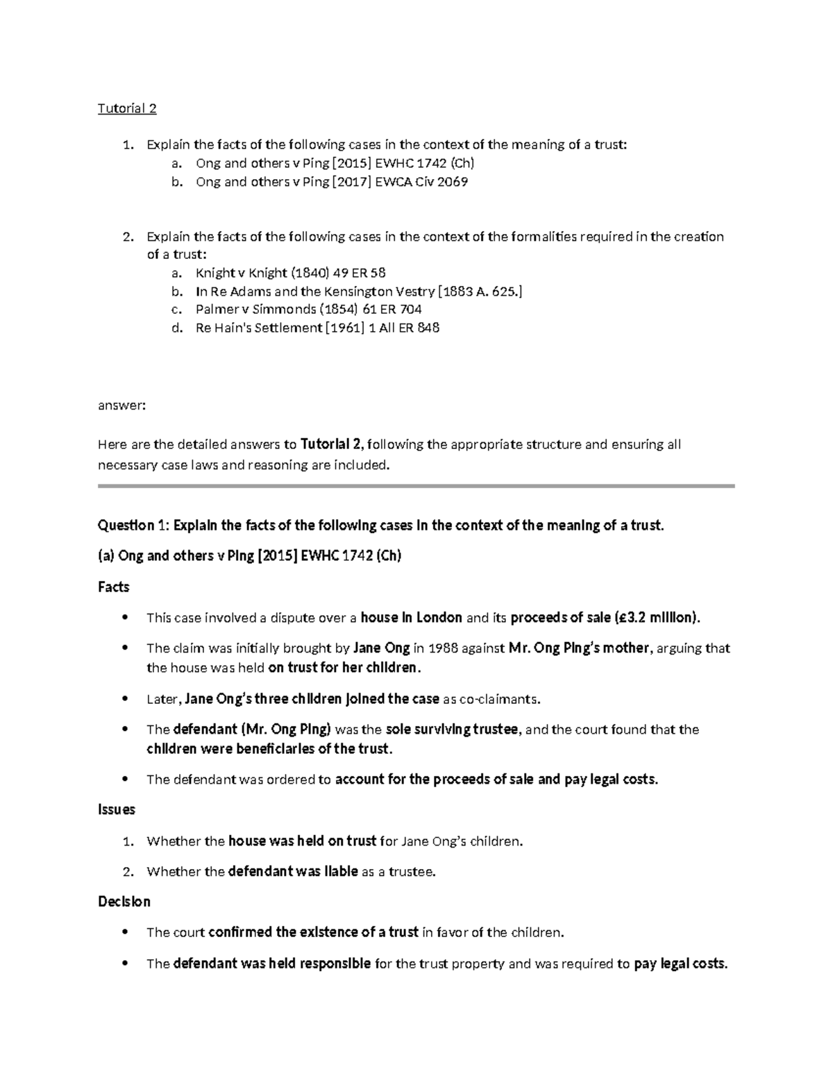 Tutorial 2: Trust Law Cases Analysis and Formalities - Studocu