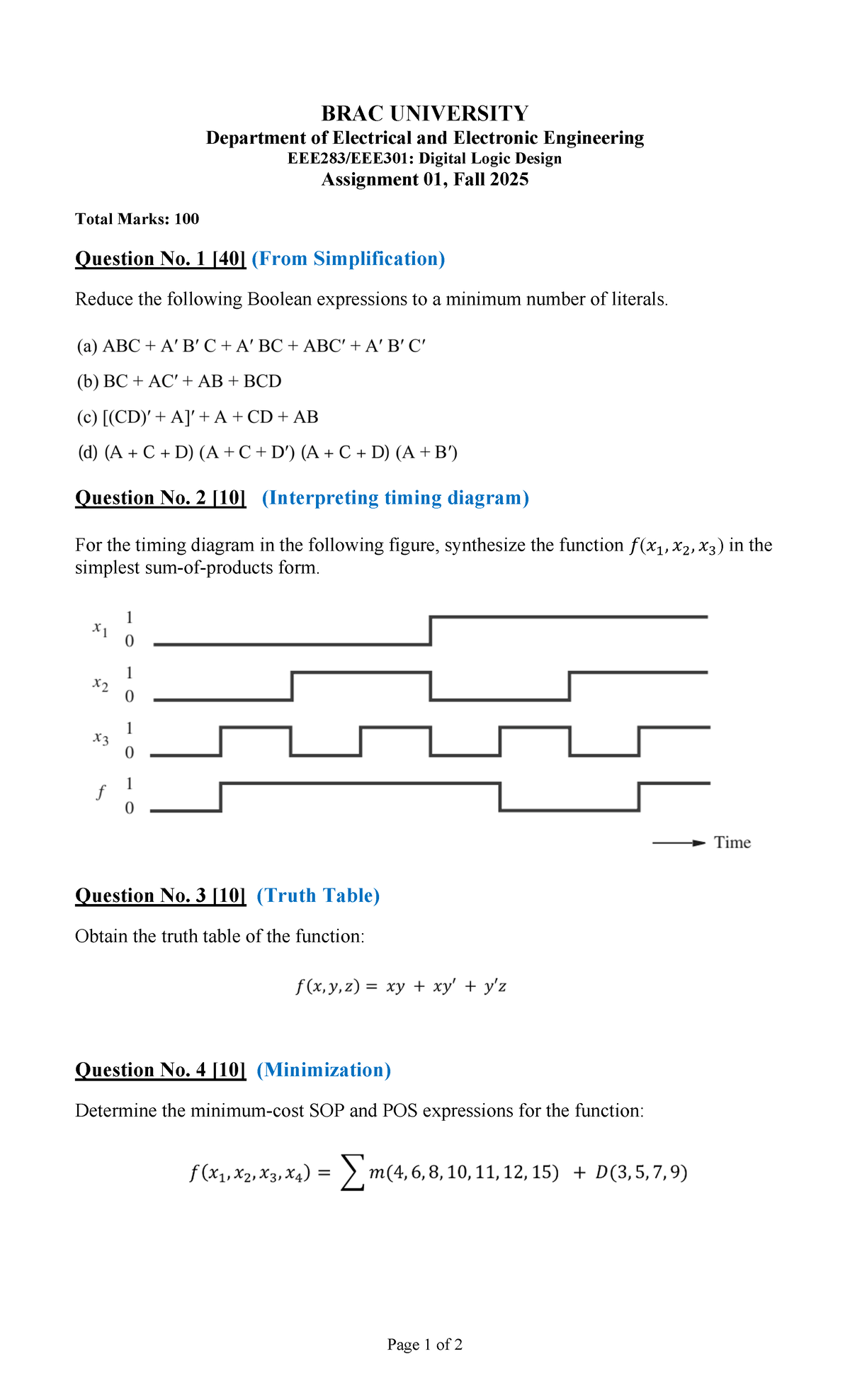 EEE283 Digital Logic Design Assignment 01, Fall 2025 - Studocu