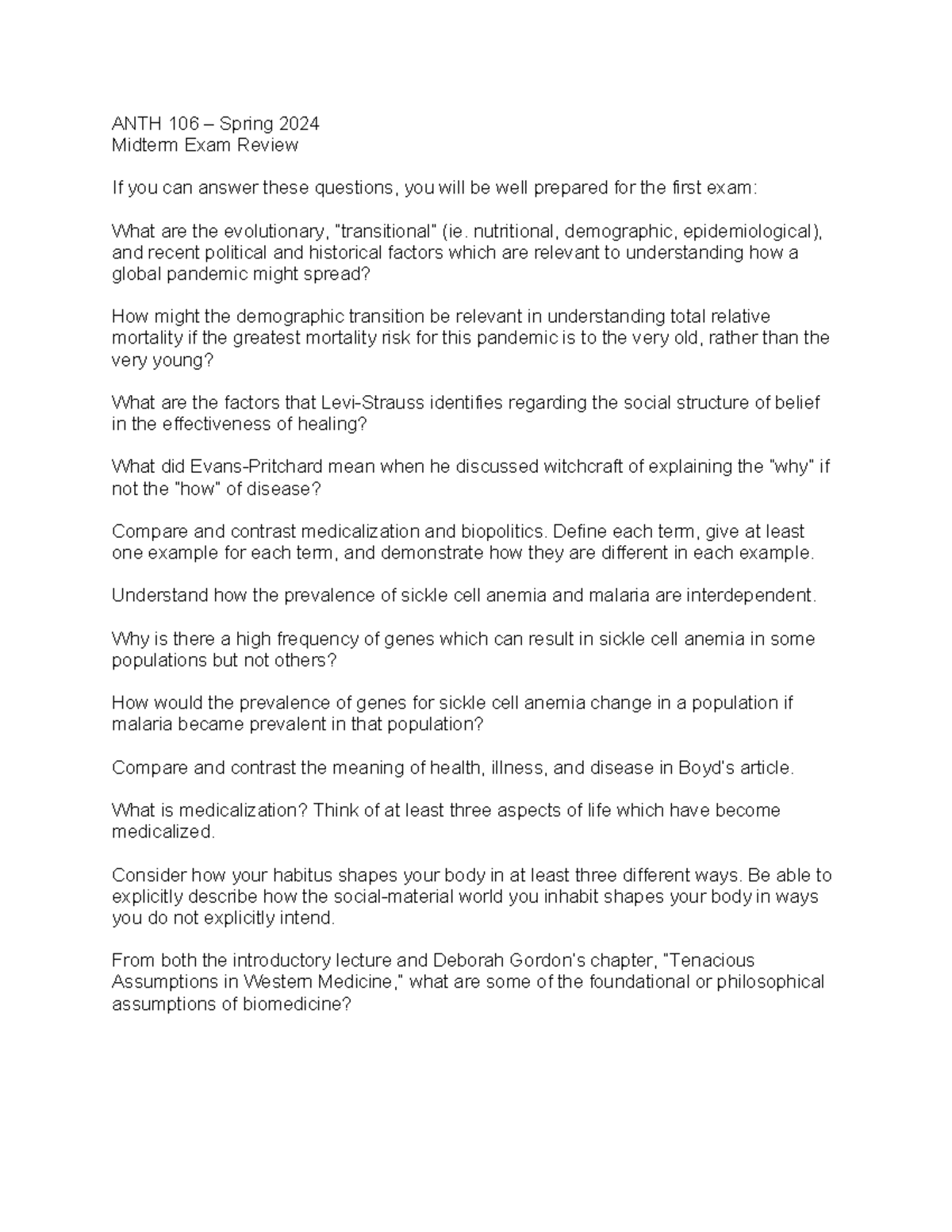 ANTH 106 Spring 2024 Midterm Exam Study Guide - Studocu