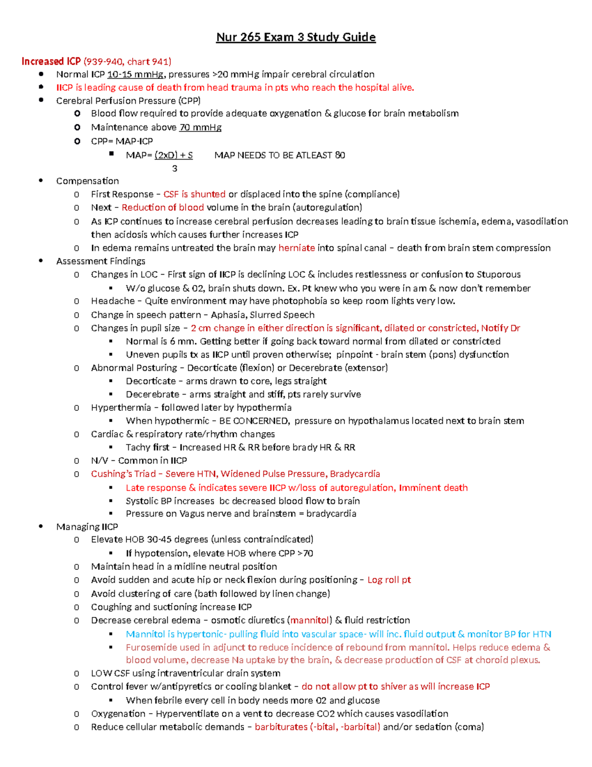 Nur 265 Exam 3 Study Guide: Understanding Increased ICP and Related ...