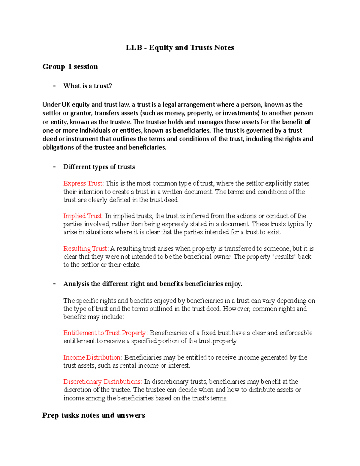LLB Equity & Trust - Comprehensive Lecture Notes Overview - Studocu