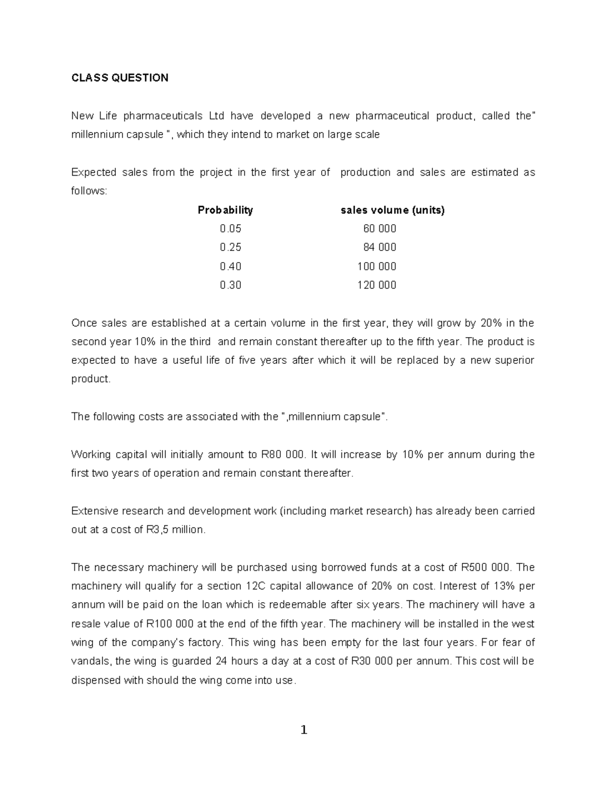 CLASS EXAMPLE QUESTION: New Life Pharmaceuticals Ltd Project Analysis ...