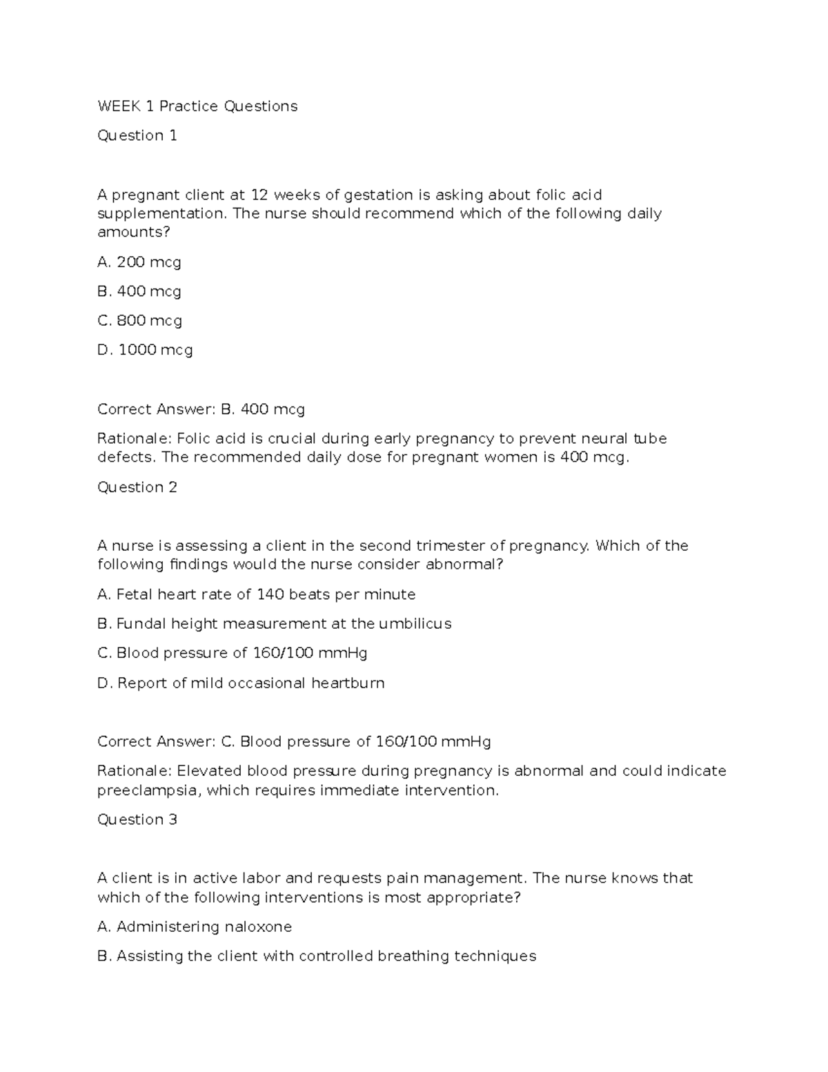 Week 1 Nursing Exam Practice Questions (NUR 101) - Studocu
